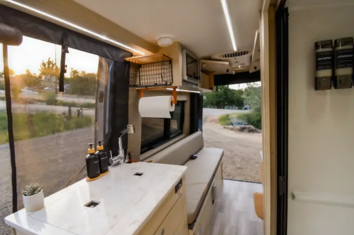 Bright RV rental interior with a modern kitchenette, comfortable bench seating, and scenic views from large windows. Enjoy mobile living.. Cahaba Cahaba Class B 2021