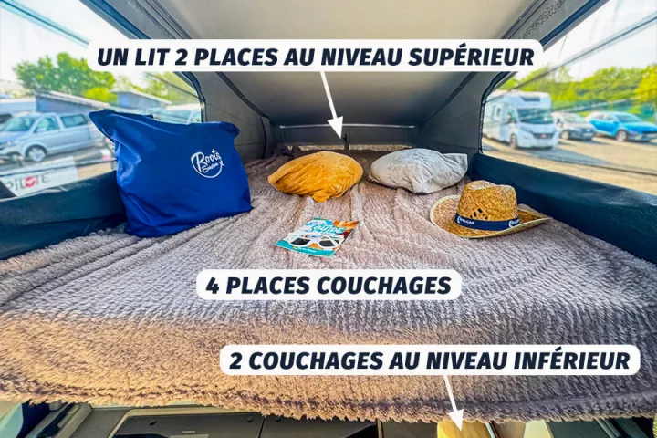 Inside an rv rental's pop-top, showing a cozy upper bed (2-person) with pillows and a blanket, plus 2 lower berths, totaling 4 sleeping places.. Ford Nugget 2025