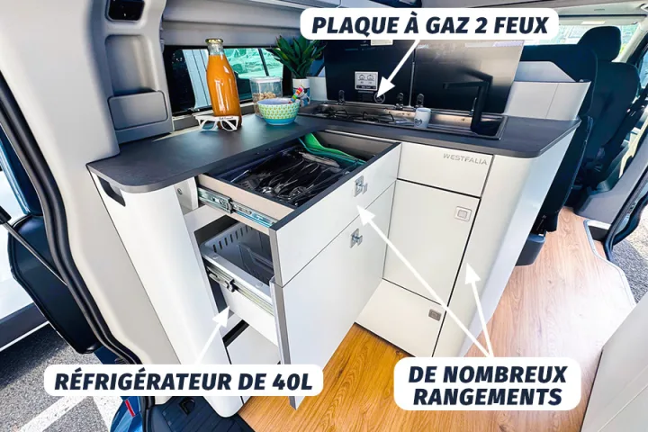 RV rental: Westfalia camper kitchen with 2-burner hob, 40L fridge, and ample storage. Perfect for cooking on the road!. Ford Nugget 2025