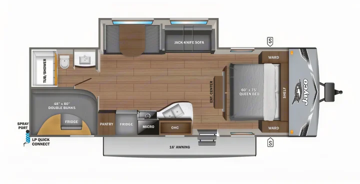 RV rental: Detailed floor plan of a Jayco travel trailer, showing queen bed, bunks, kitchen, bath, and living areas for touring.. Jayco JAY Flight SLX 261BHS 2025