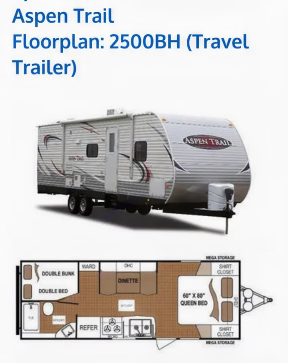 Aspen Trail 2500BH travel trailer for RV rental, showing exterior and detailed floorplan with queen bed & bunks.. Aspen Trail Aspen Trail Trailer 2013
