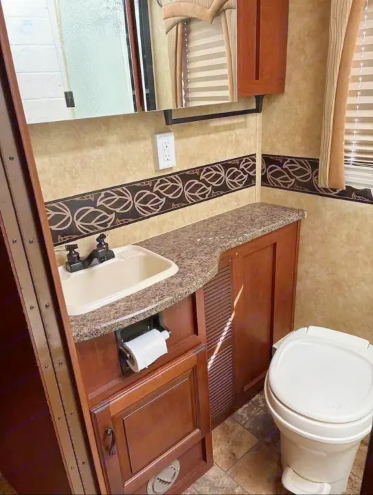 RV rental bathroom featuring a practical design with sink, toilet, mirror, and warm wood cabinetry.. Jayco Greyhawk 2011