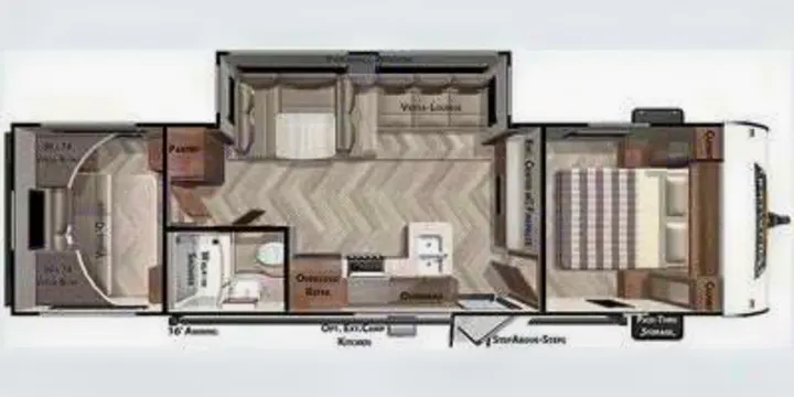 RV rental floor plan: A spacious travel trailer interior with two bedrooms, bathroom, kitchen, and living area.. Forest River Salem Cruise Lite 2022