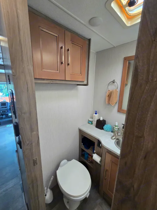 This RV rental bathroom features a toilet, vanity with sink, mirror, and overhead storage cabinets.. Coachmen Mirada 2020