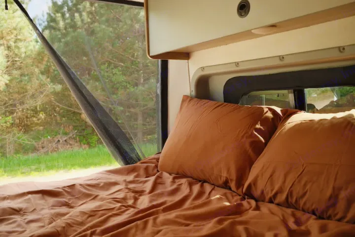 Cozy RV rental bed with brown linens and pillows, featuring a window view of lush trees and green grass.. Winnebago Solis 2022