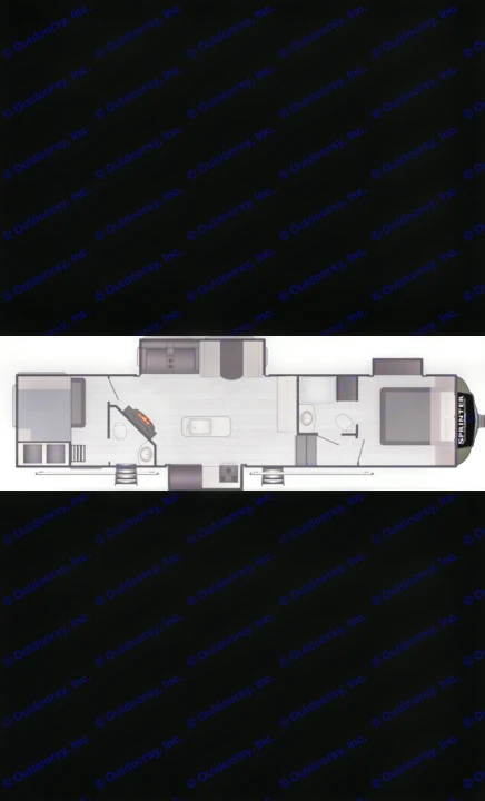 Detailed RV rental floor plan of a Sprinter model, showing its complete interior layout with beds, kitchen, and baths.. Keystone RV Sprinter Campfire Edition 2021