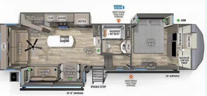 Spacious RV rental floor plan showing living area, kitchen, bathroom, and a king bedroom. Ideal for comfortable travel with ample storage.. Forest River 3370RLS 2024