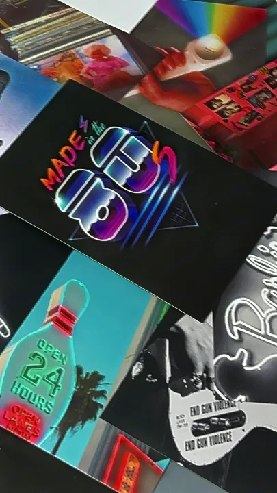 Overlapping cards, possibly travel souvenirs for an RV rental, showcasing retro 80s designs, a neon bowling sign, and a guitar.. Skyline Century 1985