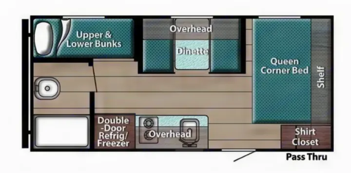Visual RV rental floor plan: queen bed, bunks, dinette, kitchen, bathroom, fridge, and closet. Optimized space.. Gulf Stream Kingsport Lite 199DD 2025