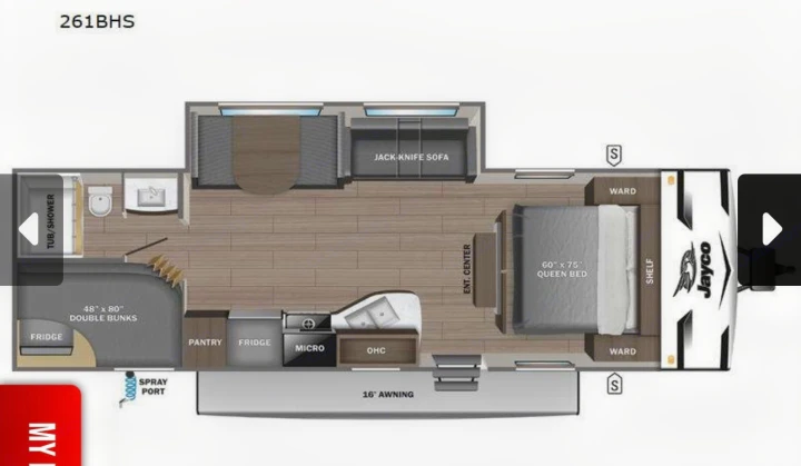 Explore this Jayco 261BHS travel trailer RV rental floor plan, detailing queen bed, bunks, kitchen, and bath layout.. Jayco Jay Flight SLX 2025