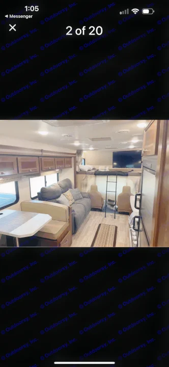 Inside this rv rental: a cozy dinette, sofa, overhead bunk with TV, and kitchen. Perfect for your next road trip adventure.. Forest River Sunseeker LE 2019