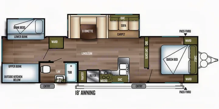 Detailed rv rental floor plan shows a queen bed, bunk beds, kitchen, bath, dinette, sofa, and outdoor kitchen.. Forest River Salem 2019