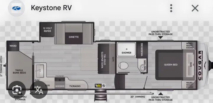 Detailed Keystone RV Cougar Sport floor plan, perfect for RV rental. See the spacious interior layout with beds, kitchen, and bath.. Keystone RV Cougar 2023