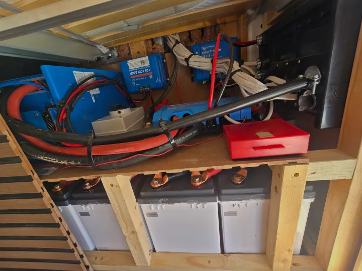 RV rental solar power system: Victron charge controllers, DC-DC charger, wiring, and 12.8V 200AH batteries.. Custom Ford Transit 350HD 2019