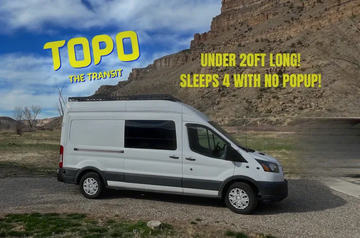 Topo the Transit: Compact RV rental van. Sleeps 4 under 20ft with no popup, amidst scenic mountains.. Custom Built Transit 2017
