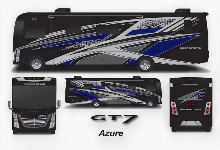 Black GT7 Azure RV rental, shown in front, side, and rear views, featuring blue, grey, and white graphic design.. Georgetown GT7 2022