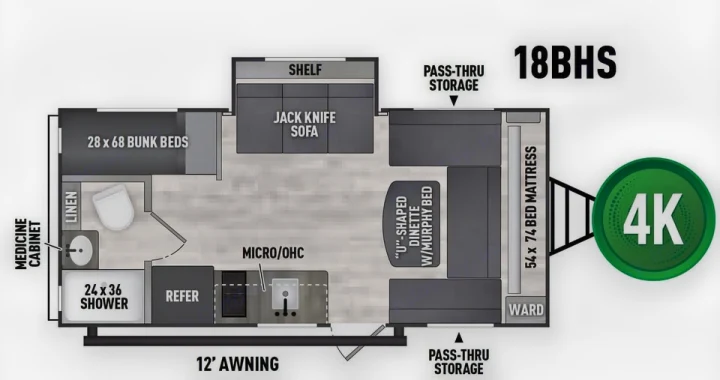 This 18BHS RV rental floor plan features bunk beds, a U-shaped dinette/Murphy bed, kitchen, and bath. Ideal for travel comfort.. Forest River Coachmen Clipper 2024