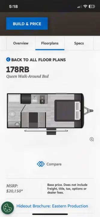 Mobile page shows a 178RB RV floorplan with Queen bed. MSRP $20,150. Useful for rv rental planning.. Keystone RV Hideout Sport 2024
