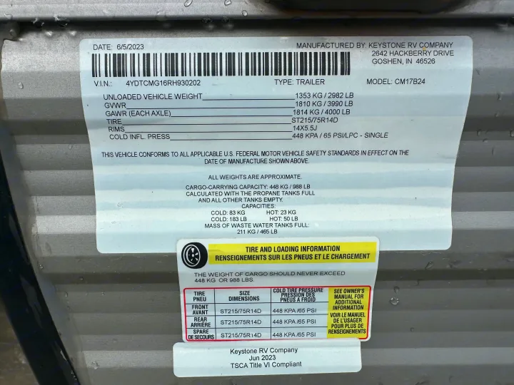RV rental spec label with weight, tire, and manufacturing details. Crucial for safely operating any RV.. Coleman Lantern 17B 2024