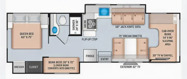Detailed RV rental floor plan shows queen bed, bunk beds, kitchen, bath, dinette, sofa, and multiple TVs. Ideal for family travel.. Thor Freedom Elite 2022