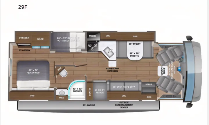 Explore this 29F RV rental floor plan, detailing bedrooms (queen/bunk), kitchen, bath, and living spaces. Perfect for travel planning.. Jayco Alante 2021