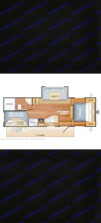 This RV rental floor plan showcases a comfortable layout with a queen bed, bunk beds, U-dinette, kitchen, and shower.. Jayco Jay Flight 2018