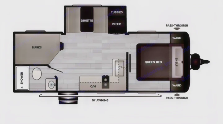 This RV rental floor plan details a travel trailer with a queen bed, bunks, dinette, kitchen, shower, and 16' awning.. Keystone Coleman Light 2026