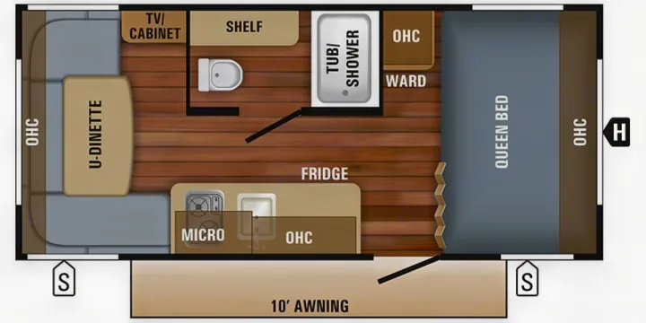 RV rental interior layout: floor plan showing a queen bed, U-dinette, kitchen, bath, and 10' awning.. Jayco Jay Flight SLX 2019