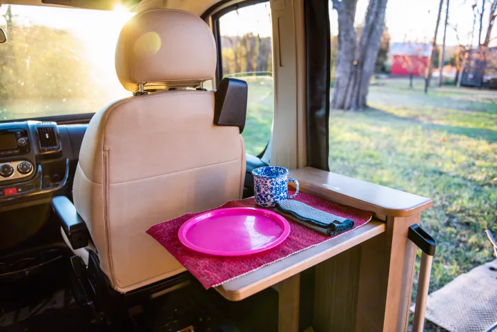 Cozy RV rental interior: passenger seat, pop-out table with pink plate, mug. Sunny view of campsite.. Winnebago Travato 2020