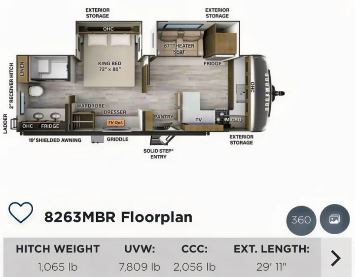 RV rental: 8263MBR floorplan diagram, showing King Bed, Theater Seat, kitchen, and bathroom. Specs: 29'11" length, 1065lb hitch.. Forest River Rockwood Signature 2024