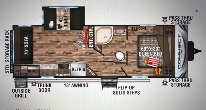 This RV rental floor plan shows a Connect travel trailer layout with a queen bed, kitchen, dinette, and bathroom.. KZ Connect RLK 24 2019