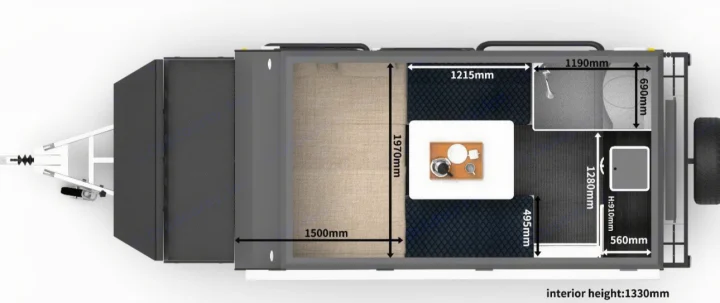 This RV rental floor plan details a compact travel trailer's interior, showing bed, kitchen, bath, and living area dimensions.. Zoomies Campers Eagle’s Nest 2025