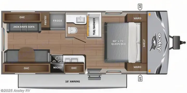 Detailed RV rental floor plan for a Jayco travel trailer, showing a queen bed, kitchen, bath, and convertible sofa with 16' awning.. Jayco Jay Flight SLX 210 QB 2025