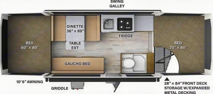 RV rental interior layout: 2 beds, dinette, kitchen, bath, & gaucho bed for versatile camping.. Forest River Rockwood ESP 2018
