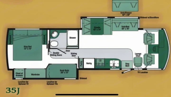 RV rental floor plan (35J) showing interior layout with king bed, bunk beds, dinette, kitchen, bath, and living area.. Winnebago Sightseer 2009