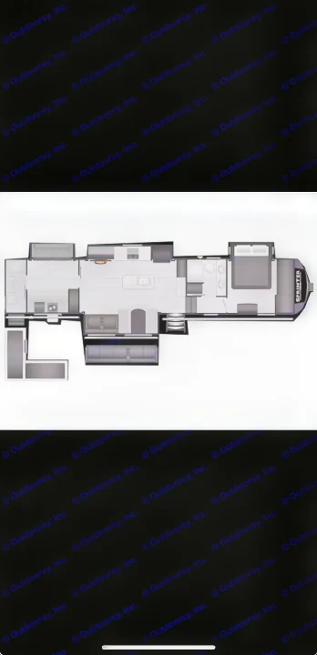 Sprinter RV rental floor plan: detailed view of bedroom, bath, kitchen with island, and living areas for easy navigation.. Keystone Sprinter Wide Body 2025