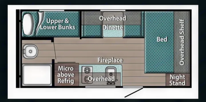 RV rental floor plan: features upper/lower bunks, dinette, bed, bathroom, kitchen with appliances, and fireplace.. Gulf Stream Coach Enlighten 17bh 2025