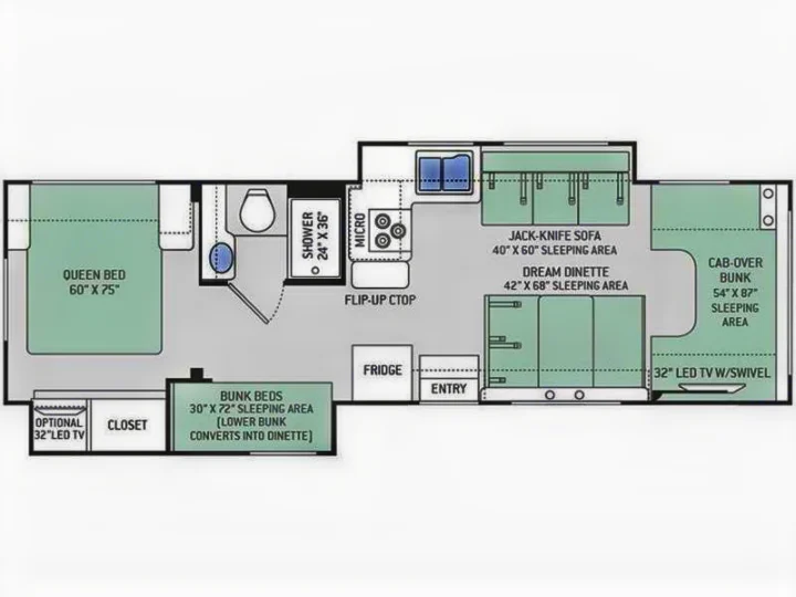 This RV rental floor plan shows a spacious layout with a queen bed, bunk beds, convertible dinette, sofa, and kitchen amenities.. Thor Chateau 2022