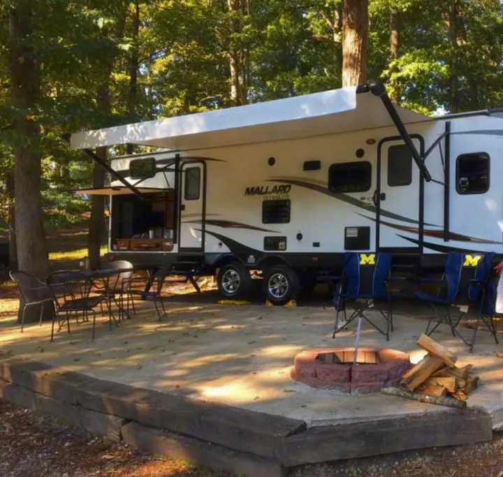 RV rental at a scenic campsite featuring an outdoor kitchen, fire pit, and patio area under an awning.. Heartland RVs Mallard 2018