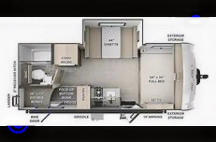 Compact RV rental floor plan: full bed, bunks, dinette, kitchen, bath. Perfect for travel trailer adventures & camping.. FlagStaff E-PRO 20BH 2025