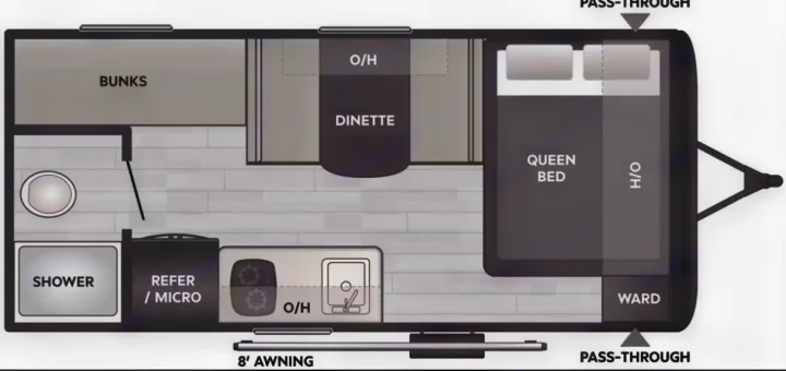 This RV rental floor plan illustrates a travel trailer's interior, including a queen bed, bunks, dinette, kitchen, and shower.. Other Other 2025