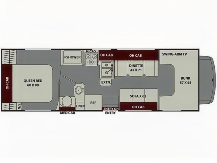 RV rental: Detailed floor plan illustrating the interior layout with queen bed, dinette, bunk, kitchen, and bath.. Coachmen Leprechaun 2019