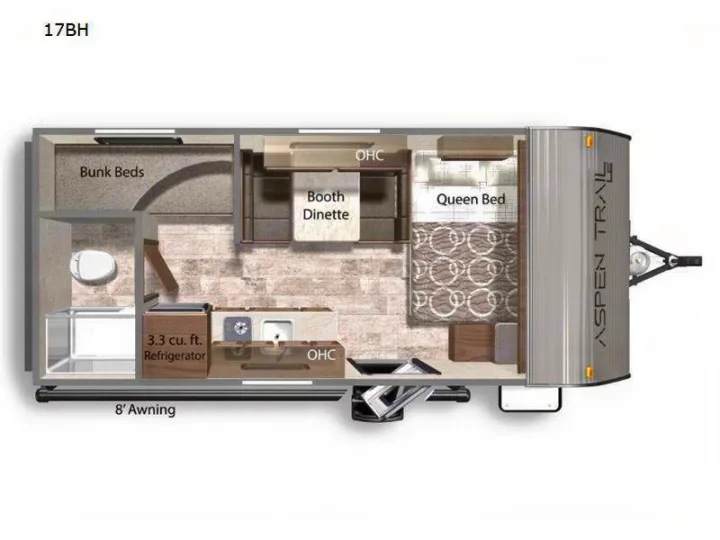 This rv rental floor plan for a travel trailer features a queen bed, bunk beds, dinette, kitchen, and bathroom.. Dutchman Aspen Trail 2025