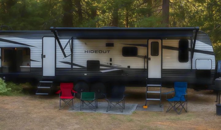 Spacious Hideout RV rental parked at a forest campsite with awning extended & outdoor seating, ready for your camping adventure.. Keystone RV Hideout 2021