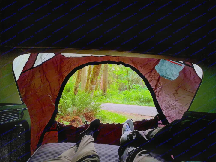 Relaxing in an RV rental, with legs extended on a sleeping pad, gazing out at a lush green forest and paved road.. Volkswagen Tiguan 2012