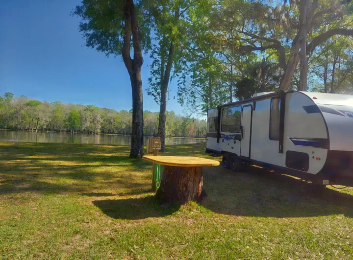 Riverside RV rental campsite by a scenic river, featuring a unique tree stump table. Ideal for nature lovers.. Forest River Salem 2022