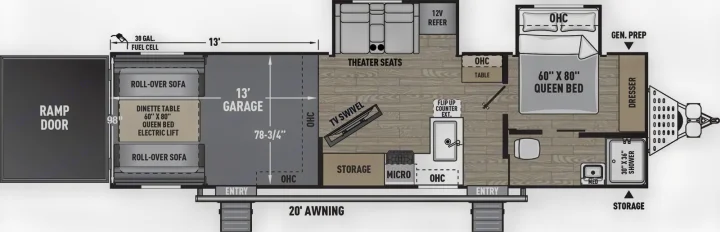 Toy hauler RV rental floor plan with 13' garage, queen bed, kitchen, and bath. Perfect for outdoor adventures.. Coachmen Adrenaline 2025