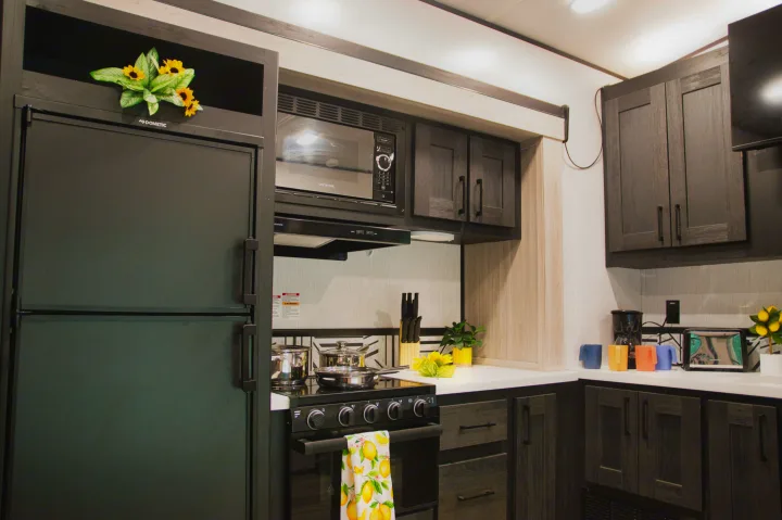 Modern RV rental kitchen featuring a black refrigerator, microwave, stove, and dark wood-look cabinetry.. Cruiser Stryker 2022