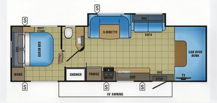 Explore this spacious RV rental floor plan. It features a queen bed, U-dinette, sofa, full kitchen, bathroom, and a cab over bunk.. Jayco Redhawk 2017
