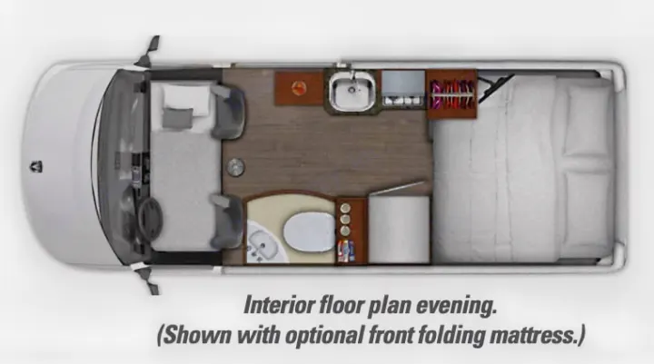 RV rental: Top-down interior floor plan. Shows camper's main bed, kitchen, bath, plus optional front bed.. Roadtrek Roadtrek Class B 2021